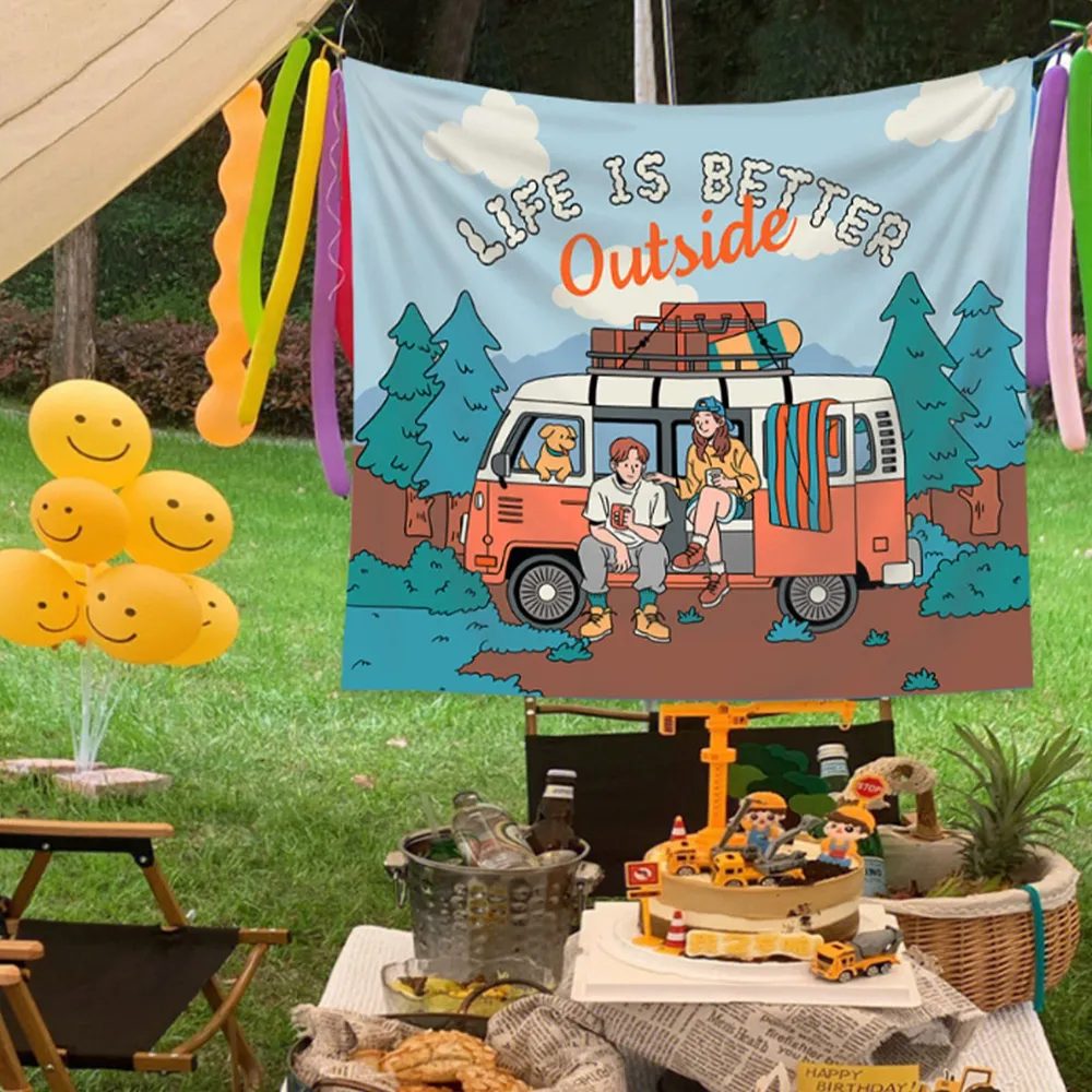 Outdoor Adventure Background - Tapisserie Rétro Van Camping-Car, Décoration Murale