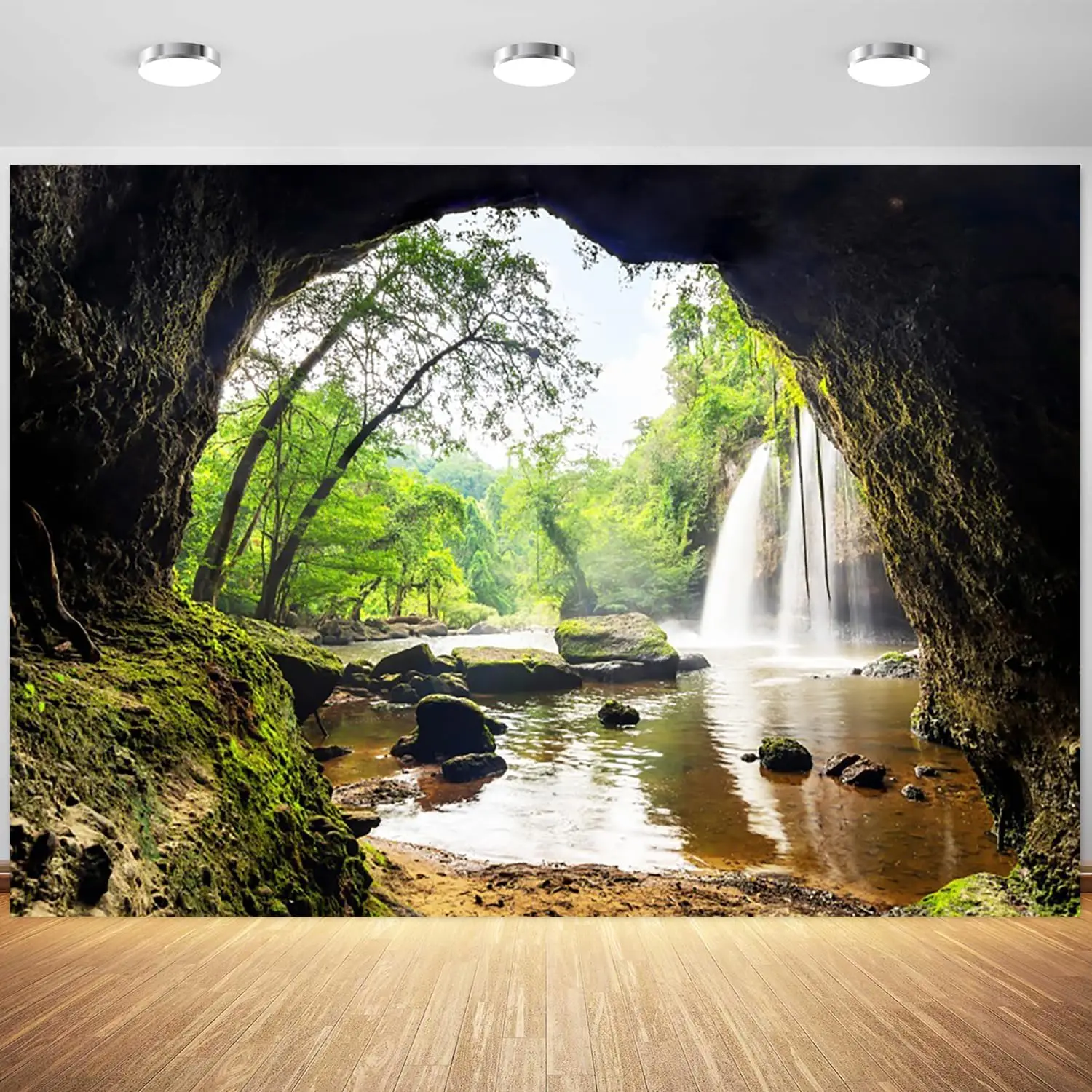 Outdoor Adventure Background - Forêt, cascade, montagne, grotte, arbres verts,
